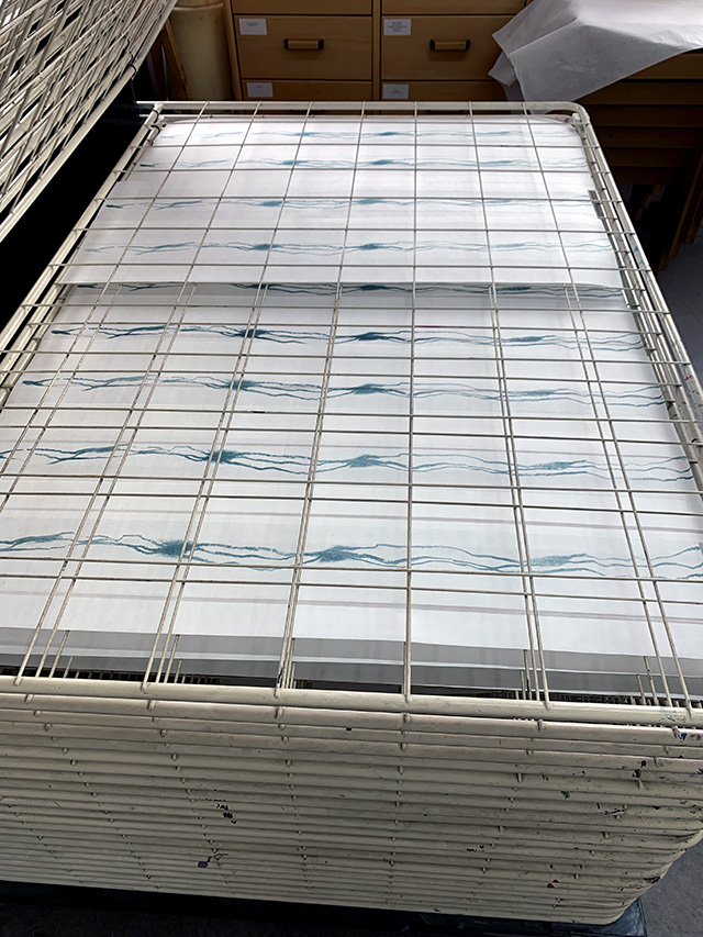 printed pages drying in a rack